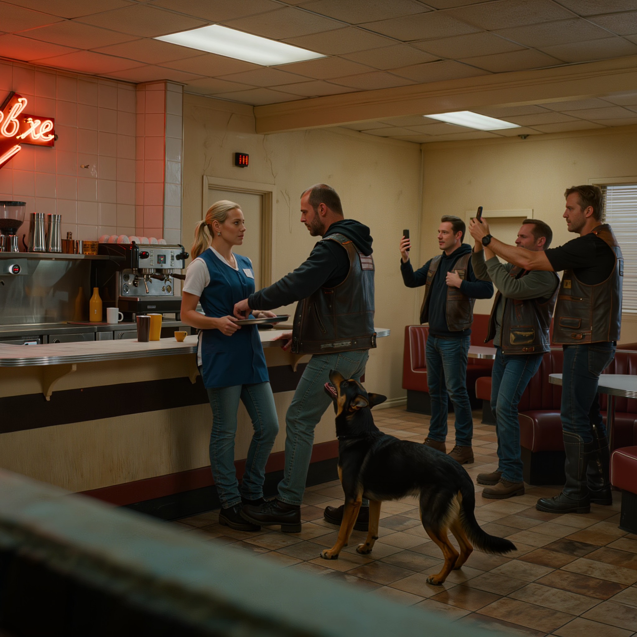 Un soir où le Rusty Spur Diner n’aurait dû offrir que des recharges de café, des parts de tarte et le doux bourdonnement d’un juke-box de campagne, cinq hommes burinés par la route sont entrés et ont changé l’atmosphère de toute la salle.