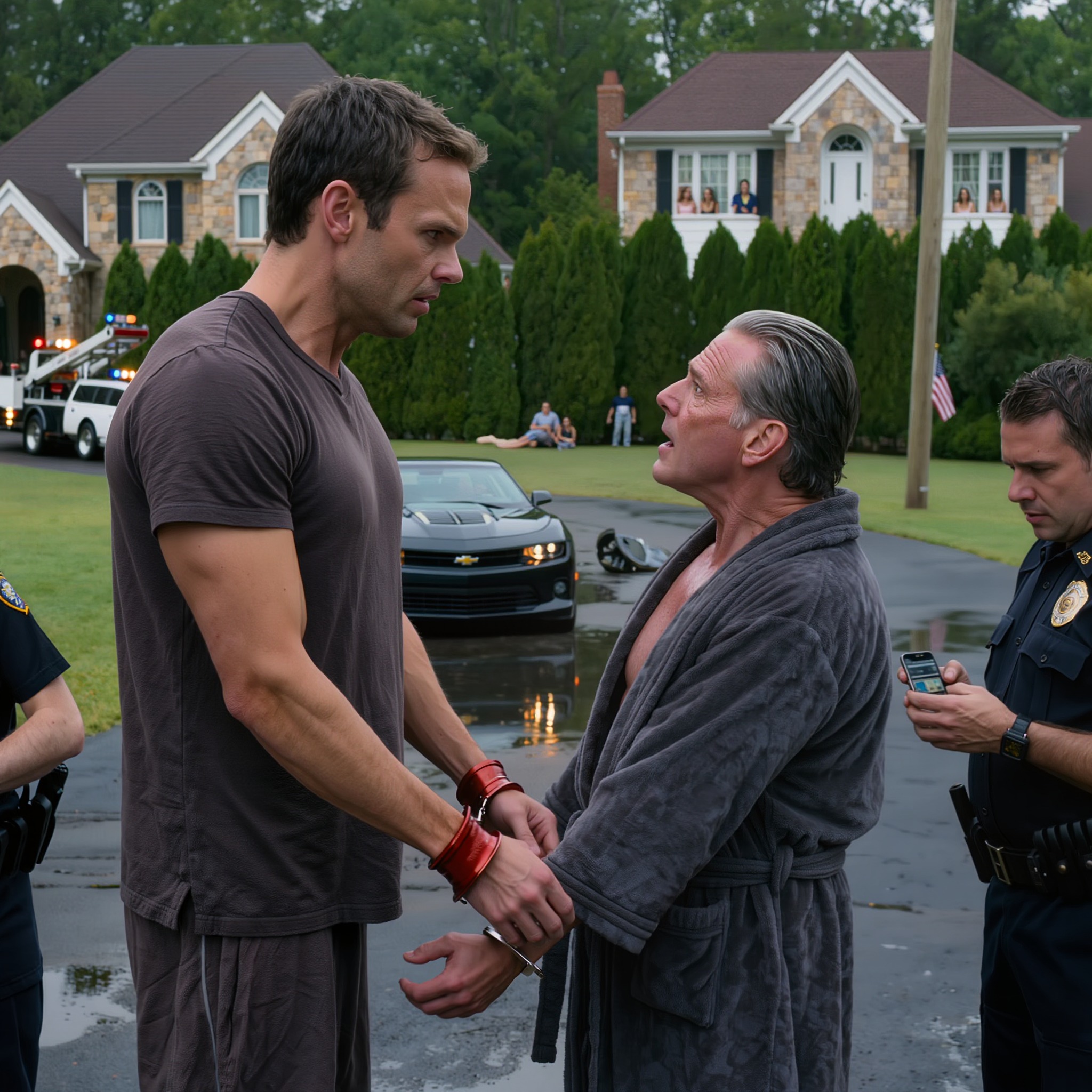 Mon père a appelé la police pour m’accuser d’avoir « volé » et détruit sa Camaro flambant neuve à 80 000 $ — et quand la centrale a annoncé par radio qu’elle était encastrée dans un poteau et qu’il n’y avait personne sur place, il m’a pointé du doigt comme s’il avait attendu toute sa vie pour me voir menotté. J’étais menotté sur le perron pendant que mon propre père suppliait le policier de « porter plainte avec la plus grande fermeté »… jusqu’à ce que je me souvienne de la seule chose qu’il avait complètement oubliée à propos de cette voiture : la caméra embarquée 4K que j’avais installée avec sauvegarde dans le cloud. J’ai ordonné au policier de diffuser la vidéo sur-le-champ, et la confiance de mon père s’est évaporée du visage si instantanément que c’était comme si on lui avait débranché une prise. Le policier a appuyé sur lecture, a monté le volume… et la première voix qui a retenti dans les haut-parleurs m’a glacé le sang, car ce n’était certainement pas la mienne…