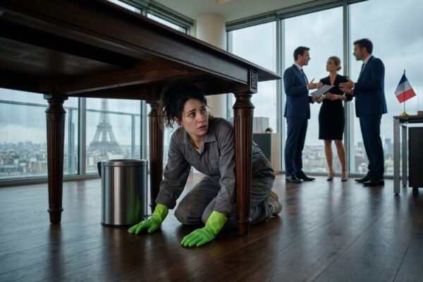 Mon mari m’a mise à la porte, alors j’ai accepté un emploi de femme de ménage dans son entreprise pour élever nos enfants. Tout le monde pensait que j’étais méprisée, jusqu’au jour où sa secrétaire, les yeux remplis de larmes et tremblant encore d’avoir pleuré, a chuchoté : « Cachez-vous sous le bureau, le patron va avoir une réunion privée, vous devez entendre la vérité sur votre famille », et tout le bureau s’est figé.